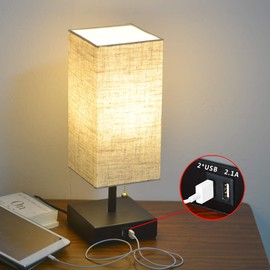 LEONC Design·LED Bedside Table Lamp & Desk Lamp – Modern Lamp with 2 USB Port, Nightstand Lamp Soft Ambient Light, Unique Black Base with Tall Fabric Lampshade – Perfect for Table in Bedroom, Living