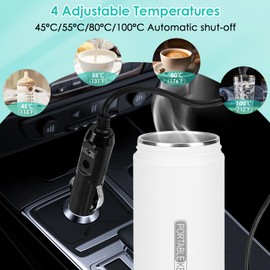 lazycozy® Travel Kettle for Car, 16oz Portable Electric Kettle, 4 Temperature Settings 113-212℉, with Clean Brush, Storage Bag, for Milk, Coffee, Tea, Hot Water