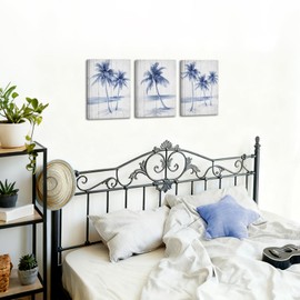 Nachic Wall Palm Tree Wall Art Blue Watercolor Coastal Beach Pictures Rustic Palm Pictures for Bathroom Bedroom 12"x16"