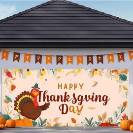 ANNA QUEEN Garage Door Banner 6 x 13FT, Happy Thanksgiving Day Outdoor Decoration with Turkey & Fall Leaves, Autumn Harvest Porch Decor for Home Yard Party Lawn