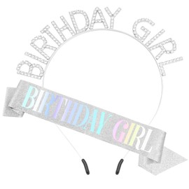 Women's Glitter Birthday Sash and Tiara Set - Sliver and White Rhinestone Headband, Crowns, and Happy Birthday Decorations