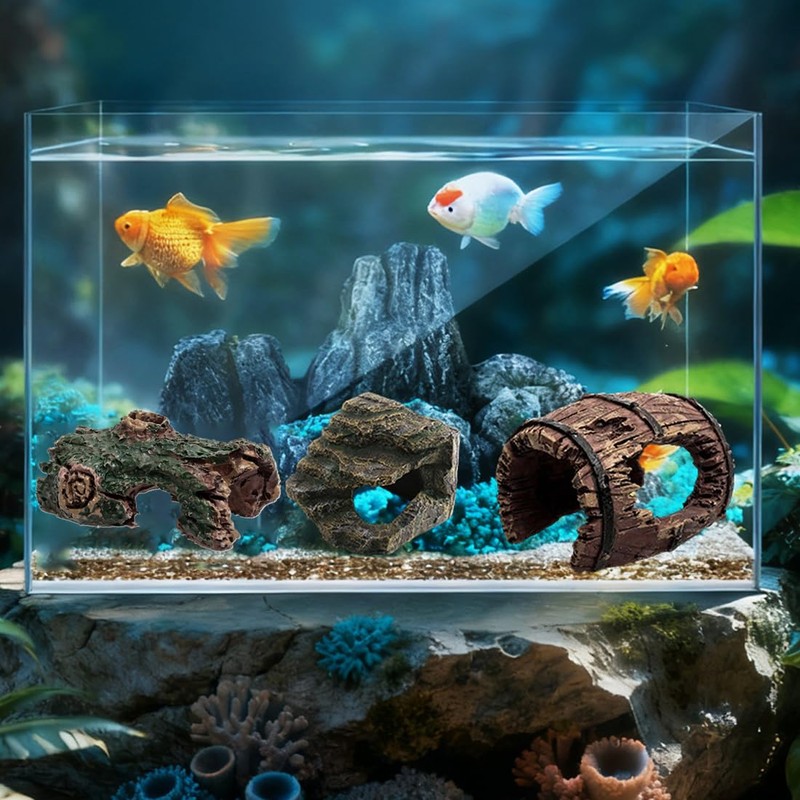 QEXUJOW Aquarium Decor Themed Ornaments, Four Hollow Wooden Tree Trunks,