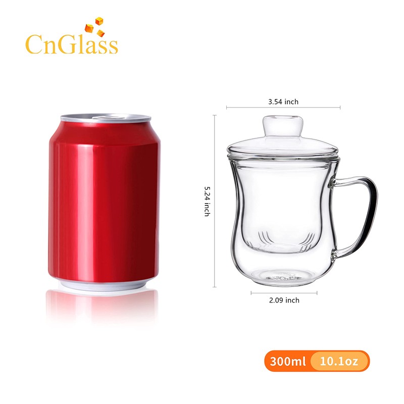 CNGLASS Glass Tea Cup with Removable Infuser and Lid,10oz Thickened