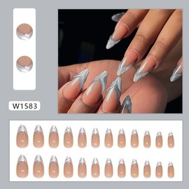 Medium Press on Nails Almond Fake Nails Silver French Tip False Nails with 3D Water Ripple Designs Glue on Nails Metal Acrylic Nails Glossy Full Cover Stick on Nails for Women Manicure 24Pcs