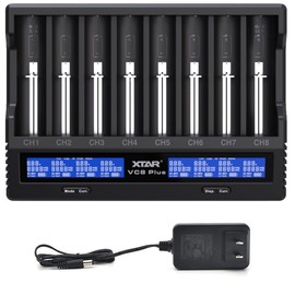 8 bays 21700 18650 Battery Charger XTAR New VC8 Plus 21700 Smart Charger with LCD Display,1A*8 Fast Charger for 3.6V 3.7V Li-ion 10440 18700 26650 1.2V Ni-MH AA AAA C Full Set with DC 12V 3A Adapter
