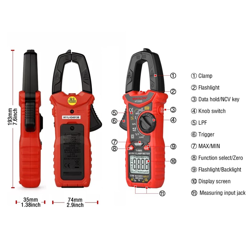 HT206D Current Clamp, True RMS Clamp Multimeter with Temperature and