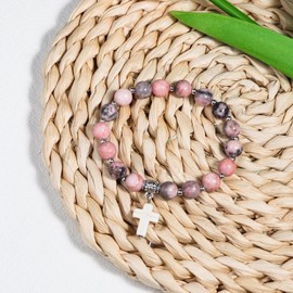 Christian Gifts for Women, Men Cross Beads Stretch Bracelet Catholic Religious Jewelry Gifts Healing Natural Stone Pink Zebra Bracelet for Women Godmother Teen Girls, Mothers Day Gifts,Birthday Gifts,Easter Jewelry Gifts,Inspirational Gifts (Silver A fri