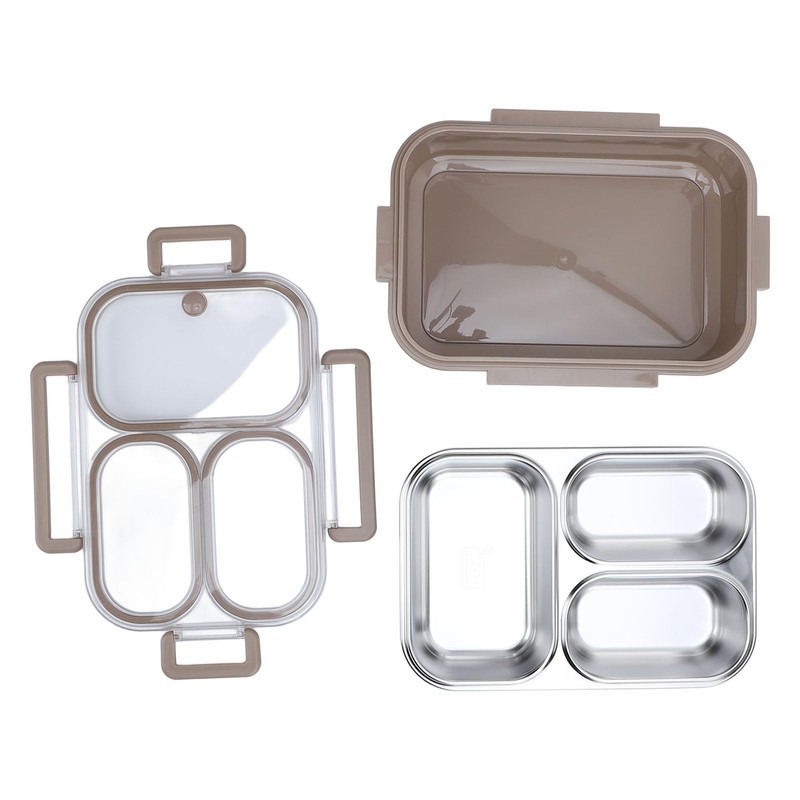 Lunch Box, 1.2L Khaki Stainless Steel Lunch Container 3 Compartments