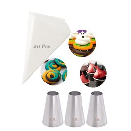 1A Piping Tips and Bags, 3 Large 1A Frosting Tips & 20 Disposable 12" Bags for Swirls, Macarons, Eclairs & More