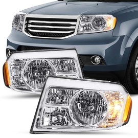 SOCKIR Headlight Assembly for 2009 2010 2011 Honda Pilot LX/EX/EX-L/Touring Sport Utility 4-Door Halogen Headlamp Chrome Housing with Amber Reflector (L+R)