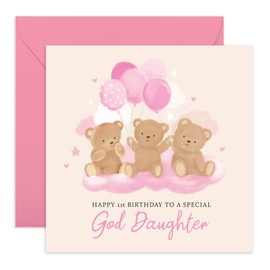 CENTRAL 23 1st Birthday Card for Girls - 'Teddy God Daughter 1st Birthday' - Presents for Baby Girl, Toddler from God Parents- Bears and Balloons - Comes with Fun Stickers