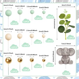 26 bolas de perlas de elefante para bebé, decoración de tartas, hojas de eucalipto, elefante, decoración de tartas