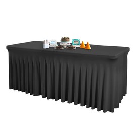 1 Pack Black Table Clothes for 4 Foot Rectangle Tables, One-Piece Wrinkle Resistant Stretch Spandex Table Covers with Skirt for Event Banquet Wedding Birthday Party