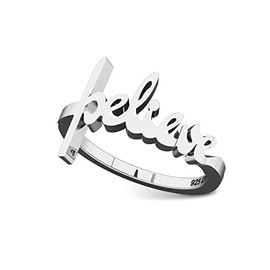 Believe Script Cross Ring, Words of Life 925 Sterling Silver Religious Ring for Women & Adults, Size 5 through 10, Simple Christian Jewelry Gifts & Purity Rings