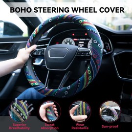 Limsas Boho Steering Wheel Cover Elastic Microfiber for Women, Universal Fit 15 inch Car SUV, Hippie Style Protector Cover, Anti-Slip, Breathable, Absorbing Sweat - 02