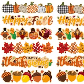 Haooryx 72PCS Happy Thanksgiving Fall Bulletin Board Borders Sticker Turkey Pumpkin Cartoon Paper Cut Outs Blackboard Fall Borders Trim for School Classroom Autumn Theme Party Chalkboard Supplies