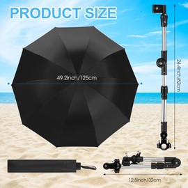Sunnymove 2 Sets Beach Chair Umbrella with Clamp 49.2" 360° Adjustable Golf Umbrella with Clip and Retractable Stand Sun Shade for Camping Outdoor Travel Patio Wheelchair Golf Cart Stroller(Black)