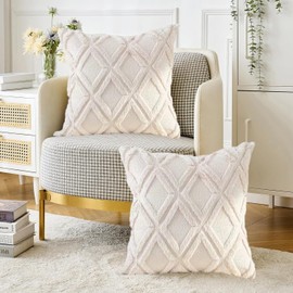 CJWLKJ 2Pcs Soft Faux Fur Throw Pillow Covers 18x18 - Plush Short Wool Velvet Decorative Pillow Covers - Couch Sofa Pillow Covers for Living Room - with 3D Pattern (Beige)