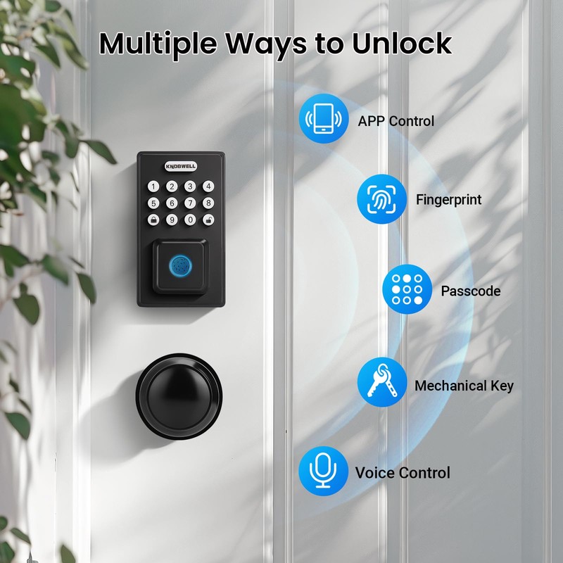 KNOBWELL Fingerprint Door Lock, Passage Door Knob, Black Keyless Entry