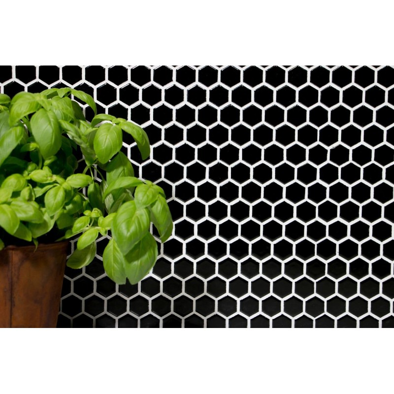 Mosaic Hexagon Plain Black Glossy Ceramic Mosaic, Mosaic Stone, Size: