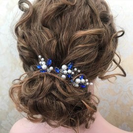 Aimimier Bridal Emerald Sapphire Hair Pins Set of 3 Crystal Pearl Hair Piece Prom Party Festival Wedding Hair Jewelry for Women and Girls (Silver/Sapphire)