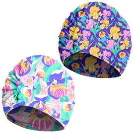 2Pcs Swimming Cap for Women Non-Waterproof Fabric Swim Cap lris Pleated Elastic Bathing Hat for Women