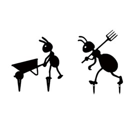Set of 2 Ant Garden Stakes - Black Iron Metal Yard Art for Outdoor Decor - Laboring Ant with Cart & Ant with Fork - Garden Statues for Patio, Flower Beds & Farmhouse