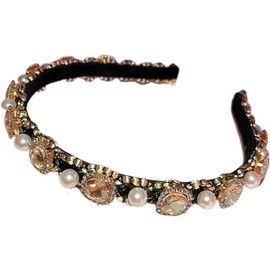 Rhinestone Padded Headband Crystal Pearl Beaded Headbands Elastic Wash one 's face hairbands for Women Girls Bar Party Prom Hair Jewelry Accessories (Champagne color, One size)
