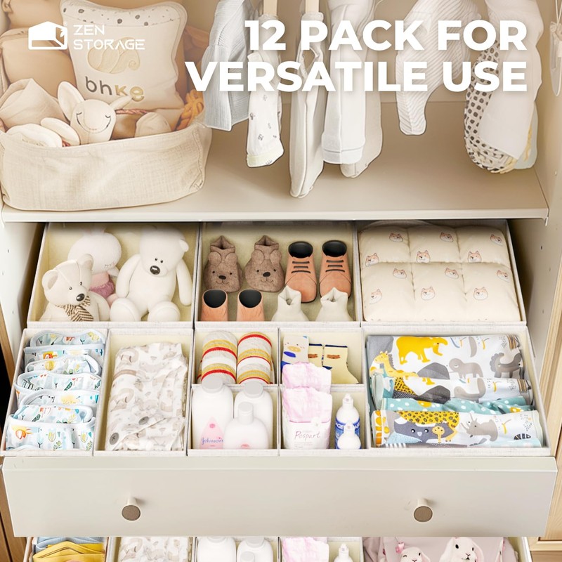 ZenStorage 12 Pack Linen Nursery Drawer Organizer for Baby Clothes,