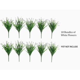 Ribiliwer Plastic Artificial Flowers 10 Bundles Outdoor Artificial Fake Flowers Faux Plastic Shrubs Plants No Fade for Outdoor Porch Farmhouse White