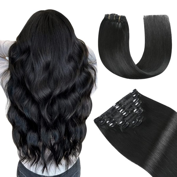 YILITE Hair Extensions Clip in Remy Human Hair 100% Real Human Hair Jet Black 8Pcs/Pack 110g Natural Silky Double Weft Straight Thick Clip in Hair Extensions for Women (14inches #1 Jet Black）