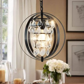 Depuley Crystal Pendant Light for Farmhouse: Hanging Globe Chandelier with Adjustable Chain - Black Ceiling Pendant Lighting Fixtures Kitchen Island
