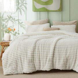 Bedsure Fluffy Comforter Set Full Size - Super Soft Faux Fur Bed Set Cream White, All Seasons Warm Plush Fleece Bedding, 3 Pieces, 1 Shaggy Fuzzy Full Size Comforter with 2 Pillowcases