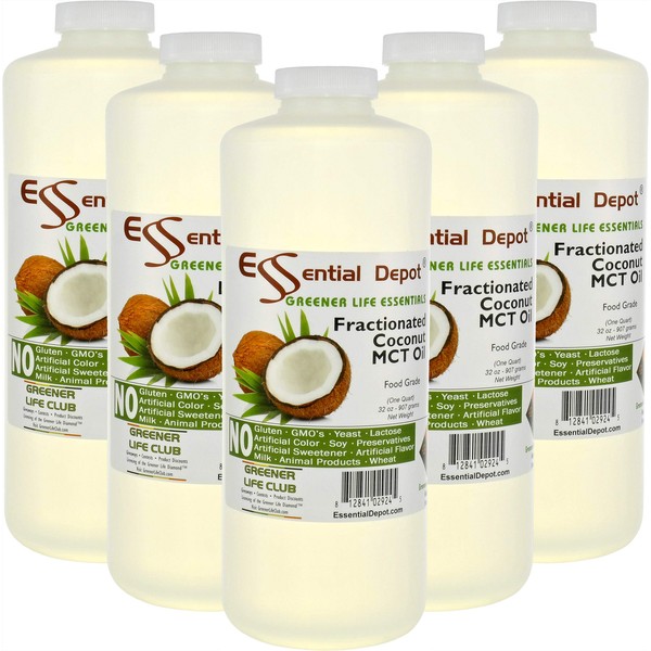 Essential Depot Coconut Oil - Fractionated - MCT Oil - 5 Quarts - 32 oz per quart container - Food Grade - safety sealed HDPE container with resealable cap