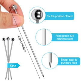 PECULA 30 Pcs Cocktail Picks, Appetizer Skewers Stainless Steel, Cocktail Skewers Cleanable and Reusable, Toothpicks for Food and Drinks, Bar Party, Barbeque Snacks, Sandwiches, and Fruit (4.2Inch)
