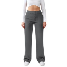 JEKAOYI Womens Casual High Waist Straight Leg Pants Stretchy Button Business Dress Work Pocket Trousers Dark Grey