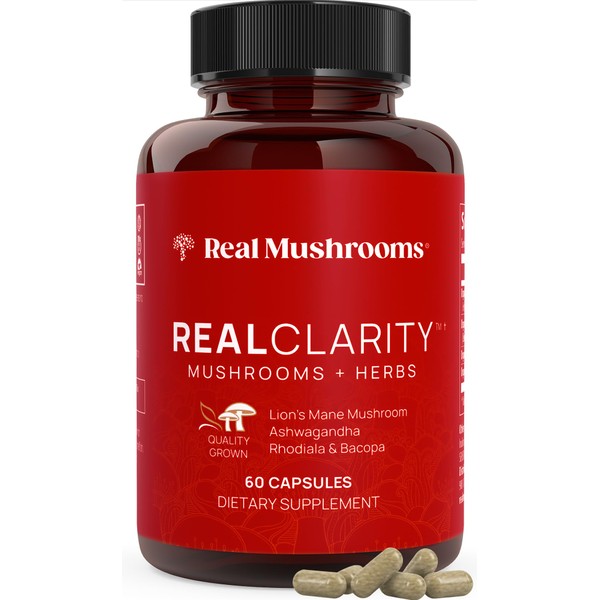 Real Mushrooms RealClarity Mushroom Powder Capsules - Brain Support Supplement w/Ashwagandha Extract for Mental Clarity, Focus - Organic Lions Mane Capsules Focus Supplements for Adults, 60ct