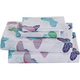 Elegant Home Purple Turquoise White Pink Green 3 Butterflies Design 3 Piece Printed Sheet Set with Pillowcases Flat Fitted Sheet for Girls/Kids/Toddler (Butterfly, Twin)