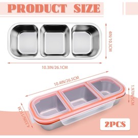 Reusable Stainless Steel Snack Containers with Leakproof Lids,3 Compartment Stackable Bento Lunch Boxes for Meal Prep(2PCS)