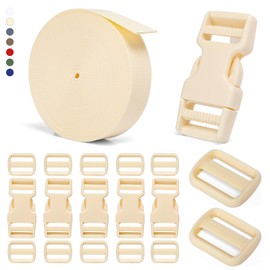 BEYOURD 1 inch Buckles and Strap Set: 10 yards Polyester Webbing Strapping, 6 pack Dual Adjustable Side Release Plastic Buckles, 12 PCS Tri-Glide Slider Clips for DIY Projects, Cream