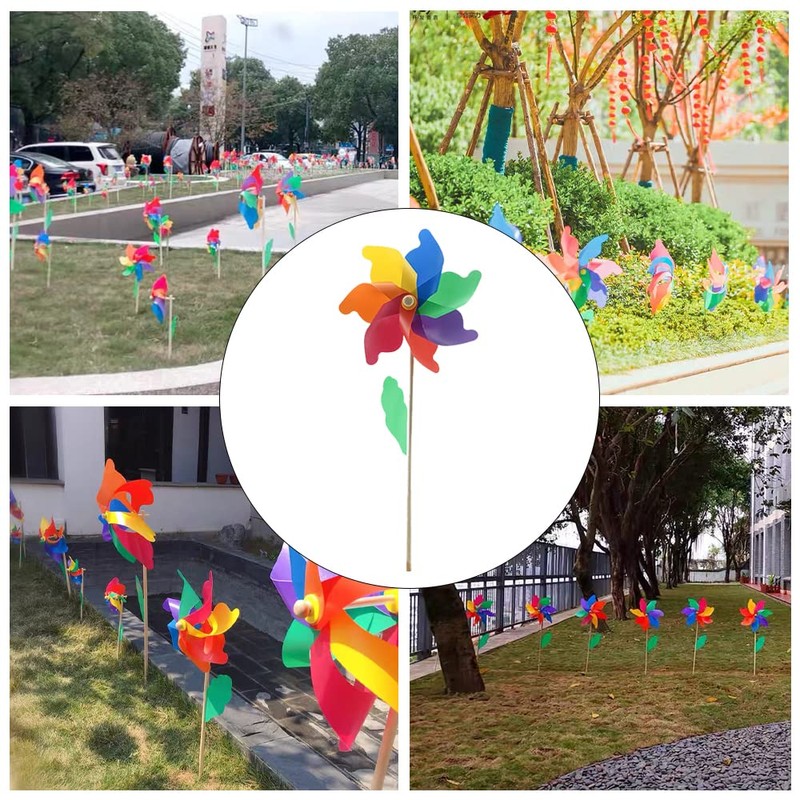 5 Pcs Wind Spinners Wooden Pole Rainbow Windmill Plastic Rainbow