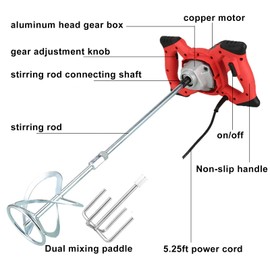 YHSITFNG Handheld Cement Mixer, 110V Electric Concrete Mixer with 6 Speed Adjustable, 2100W Mud Mixer + 2 Mixing Paddles for Mixing Mud, Cement, Mortar, Paint, Fodder