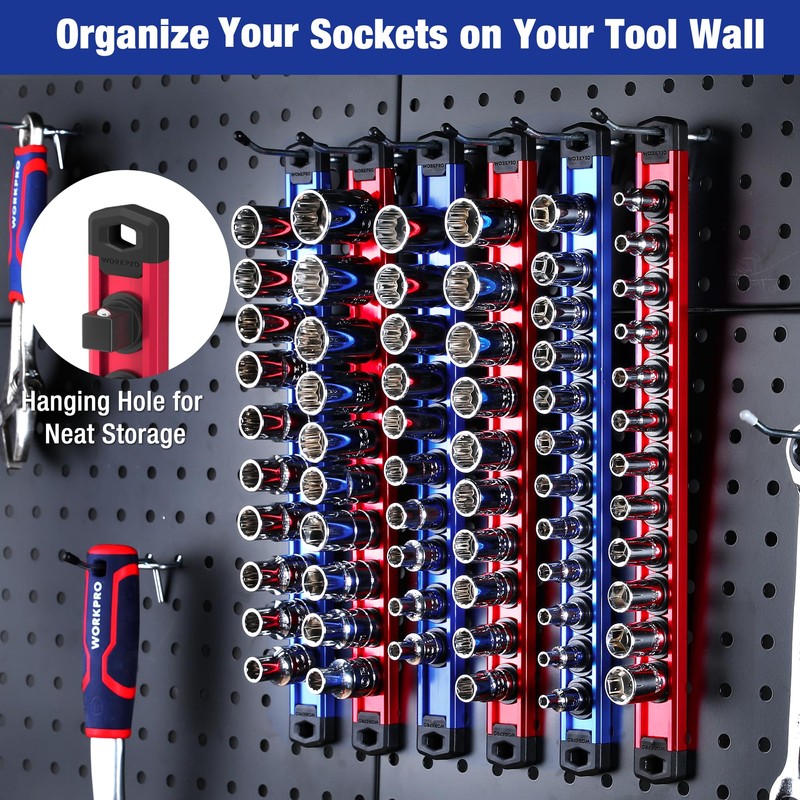 WORKPRO Magnetic Socket Organizer Set, 6-Piece Aluminum Alloy Socket Rail,
