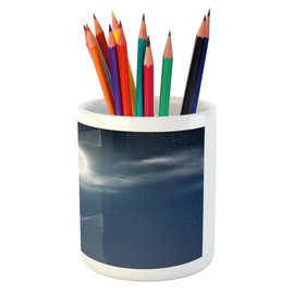 Lunarable Moon Pencil Pen Holder, Cloudy Night Sky with Milky Way Inspired Constellation Romantic Universe Infinity, Printed Ceramic Pencil Pen Holder for Desk Office Accessory, Dark Blue White