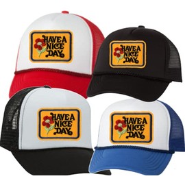 CandyCo Have a nice day Vintage SHIPS NEXT DAY patch circle Trucker hat cap baseball color colorful red gift kelly green father blue trendy rap smile (Black/White)