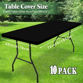 10 Pack Picnic Table Cover Fitted Tablecloth for 6 Foot Rectangle Tables Elastic Waterproof Stretch Washable Patio Folding Outdoor Spandex Table Cloth for Camping Banquet and Parties (Black,30" x 72")