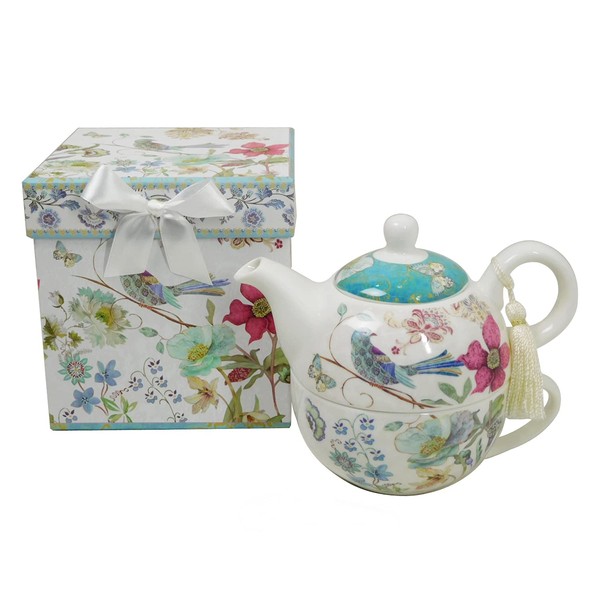 Lightahead Bone China Tea for One Set in Blue Bird Design, in attractive Reusable Handmade Gift Box (With Ribbon), Blue