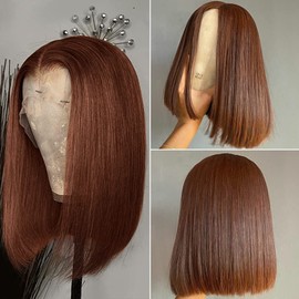 13X4 Straight #4 Brown Bob Wig Human Hair Glueless Lace Frontal Wigs Pre Plucked With Baby Hair 100% Unprocessed HD Transparent Blunt Cut Chocolate Brown Bob Lace Front Wigs For Black Women 10 Inch