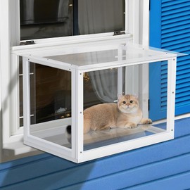 Acrylic Cat Window Catio,Catio Outdoor Enclosure Window with Wooden Frame,Cat Window Box with Waterproof Clear Roof for Sunbathing, Napping,Enjoying The Outdoor Sight