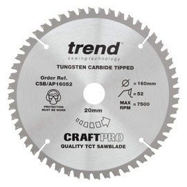 Trend CSB/AP16052 Craft Pro Worktop Aluminium and Plastic TCT Blade Ideal for Festool, Scheppach, and Mafell Circular/Plunge Saws, Tungsten Carbide Tipped, 160mm x 52 Teeth x 20mm Bore
